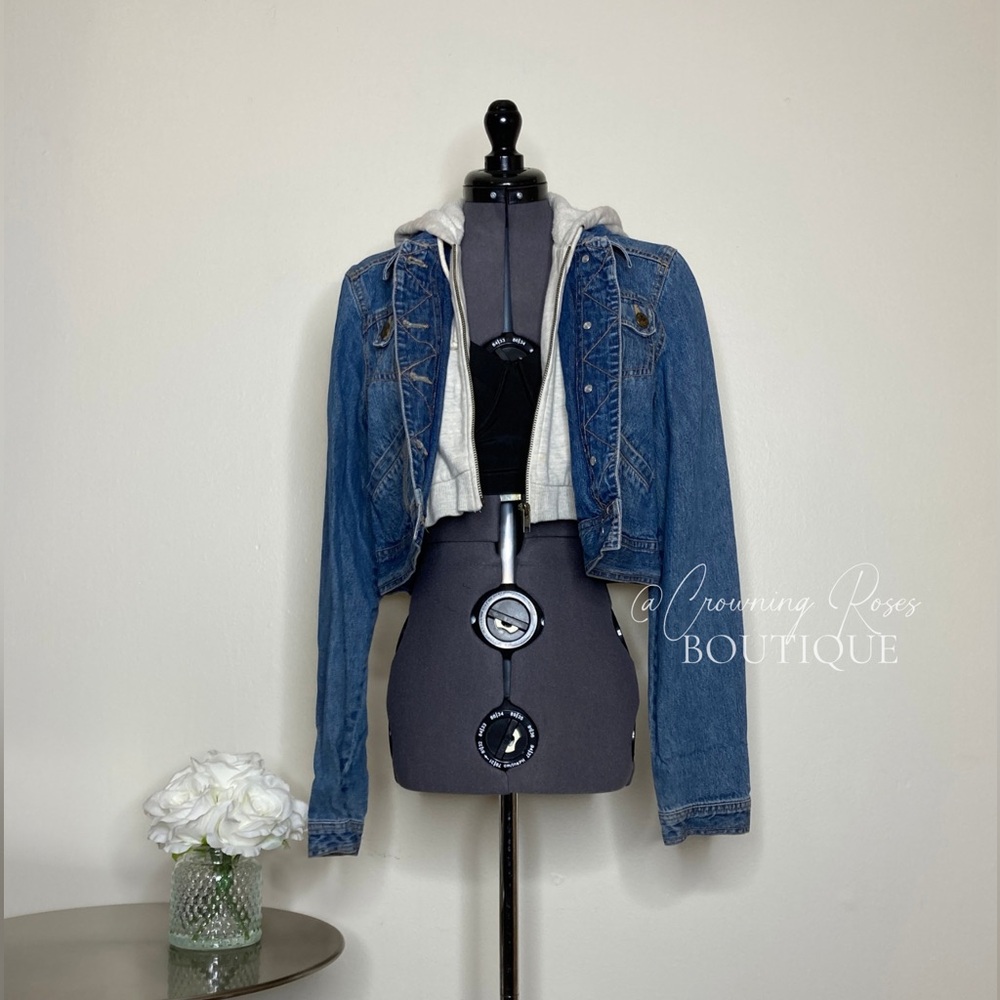 Girls Size Large 10/12 Blue Jean Denim Jacket Hoodie Combination Hood w/ Zipper